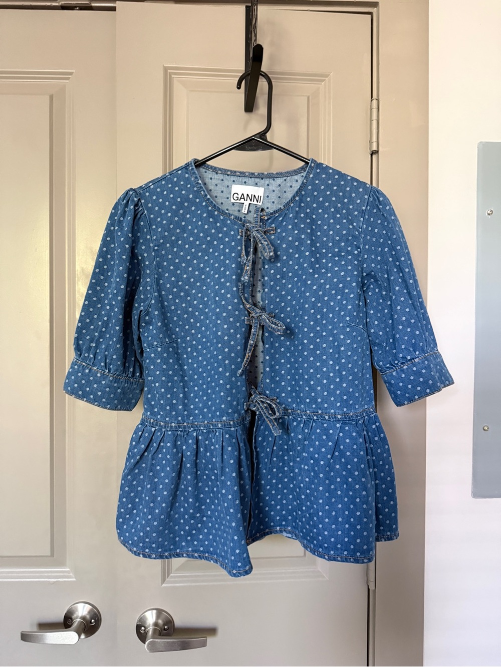 NWOT- GANNI Blue Polka Dot Tie-Front Peplum Blouse